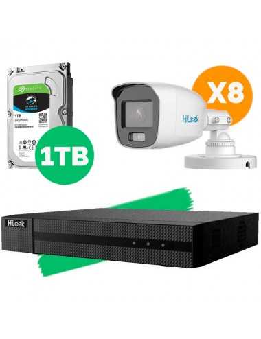Kit Videoseguridad Resistente Colorvu Hilook Dvr 8ch + 8 Camaras Cv Metal 2mp + Disco 1 Tb + Fuente/derivador + Balunes
